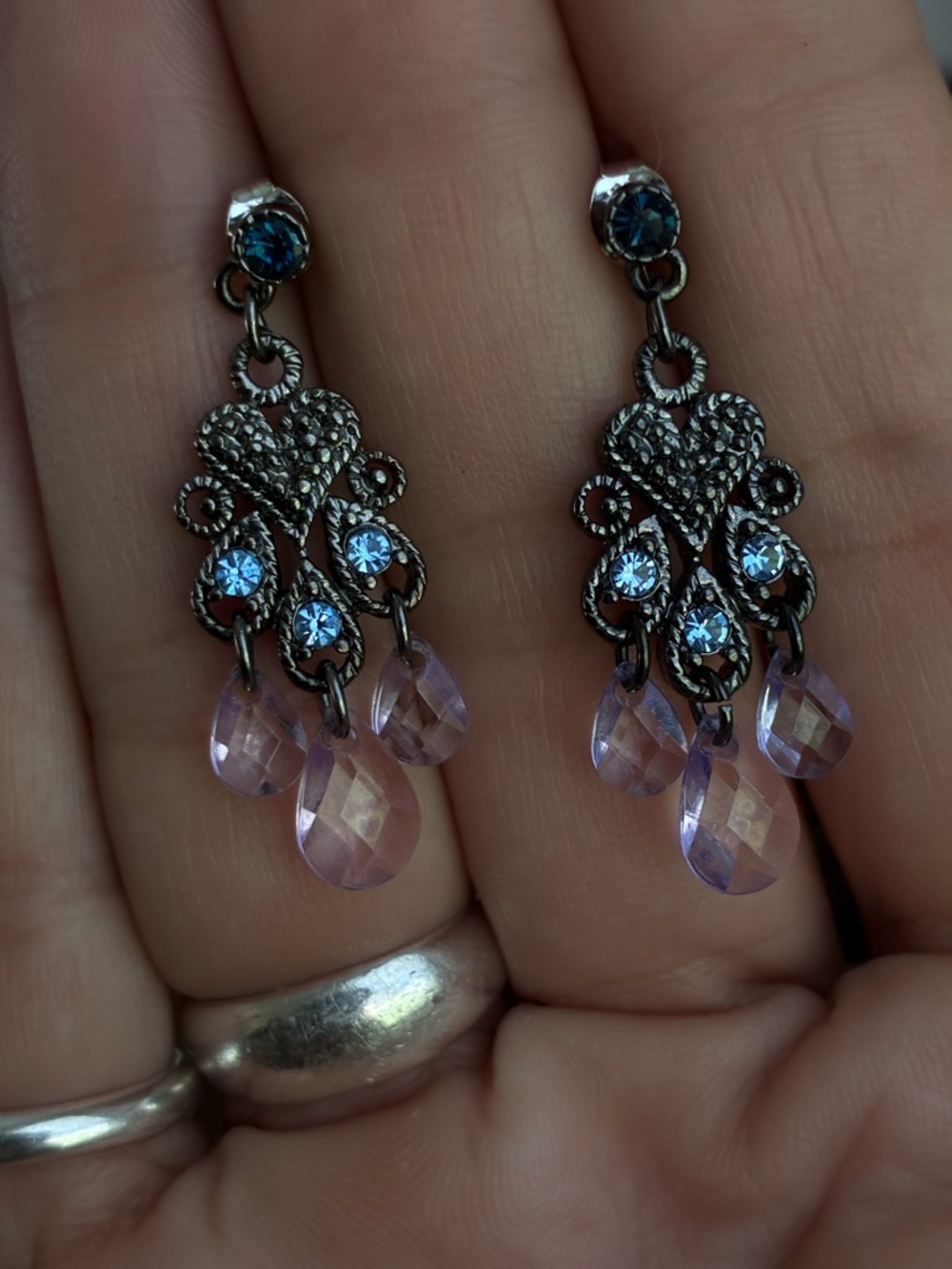 Elegant Purple Crystal Drop Earrings with Blue Accents